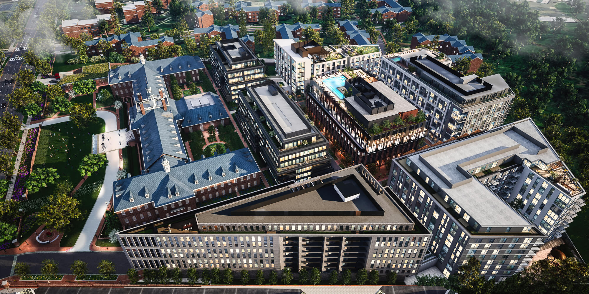 Aerial view of City Ridge buildings digital rendering