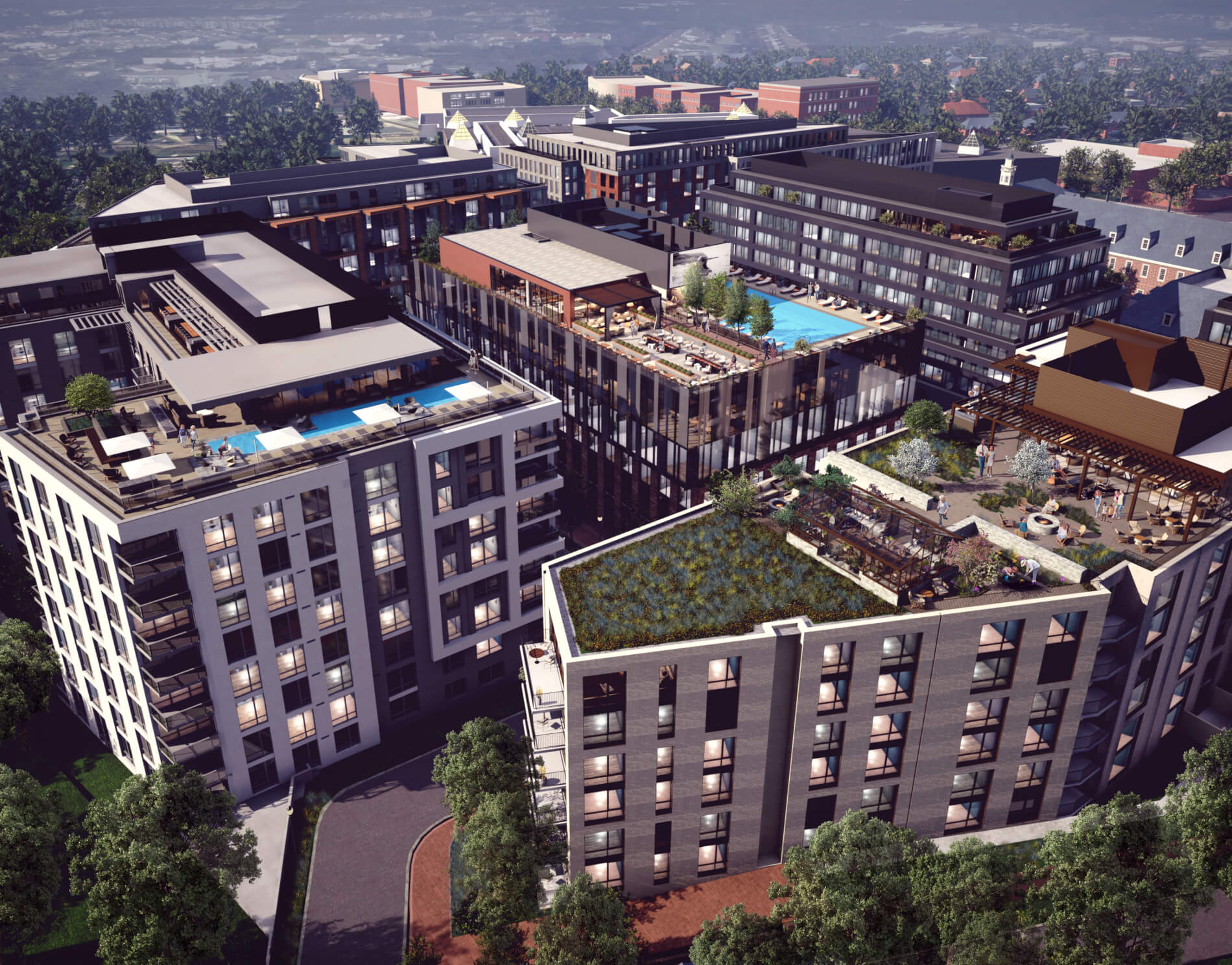 Aerial view of City Ridge buildings layout digital rendering